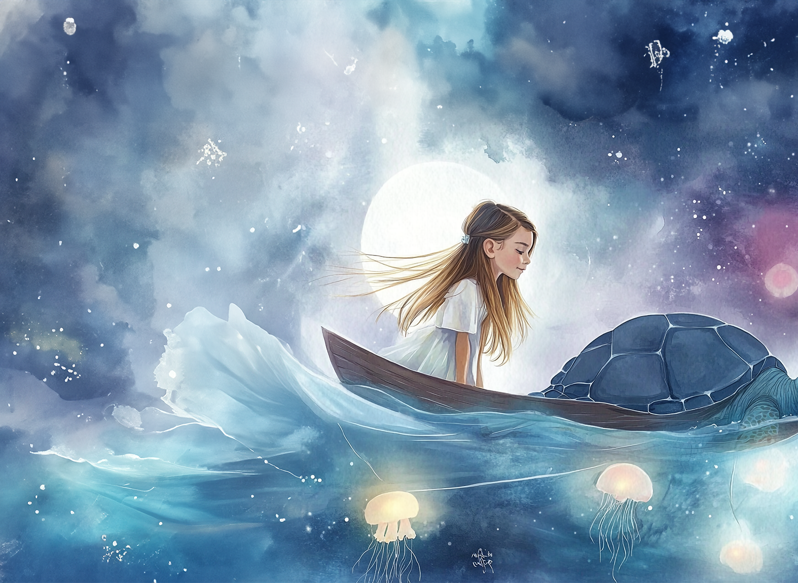 Illustrated girl in a boat with a turtle in a magical ocean