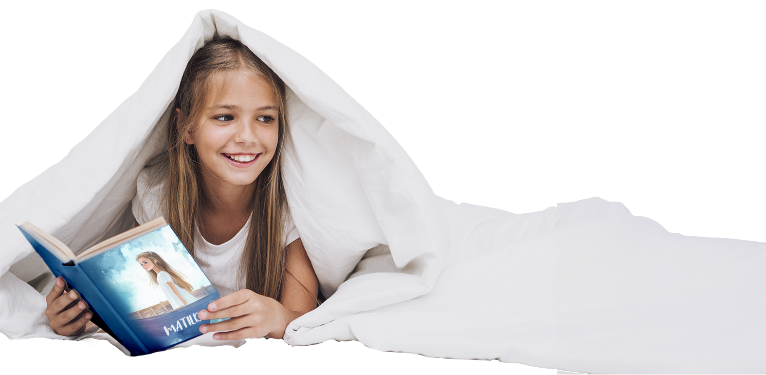 Girl reading a personalized storybook under bedsheets
