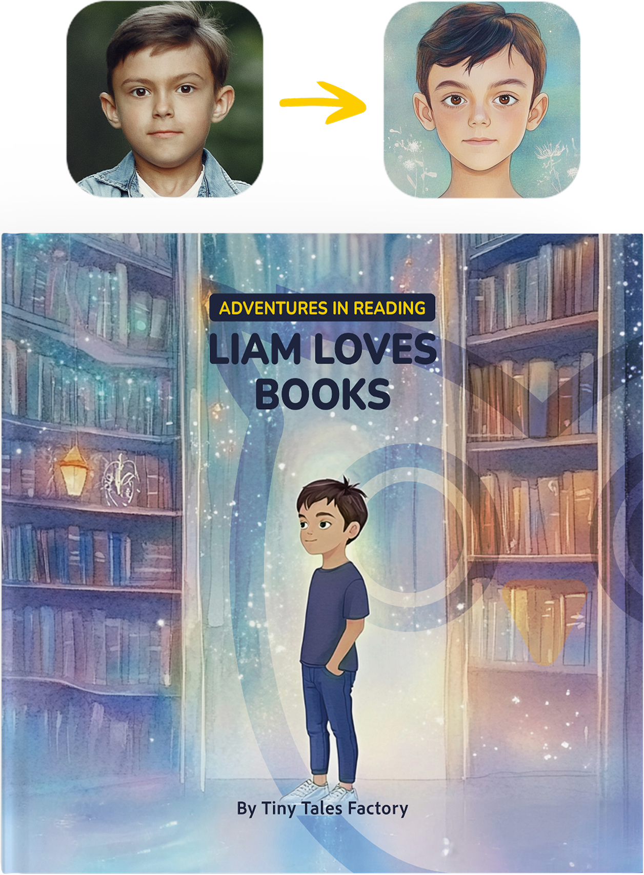 Liam's personalized adventure showing transformation from real photo to cartoon character with 'Liam Loves Books' storybook