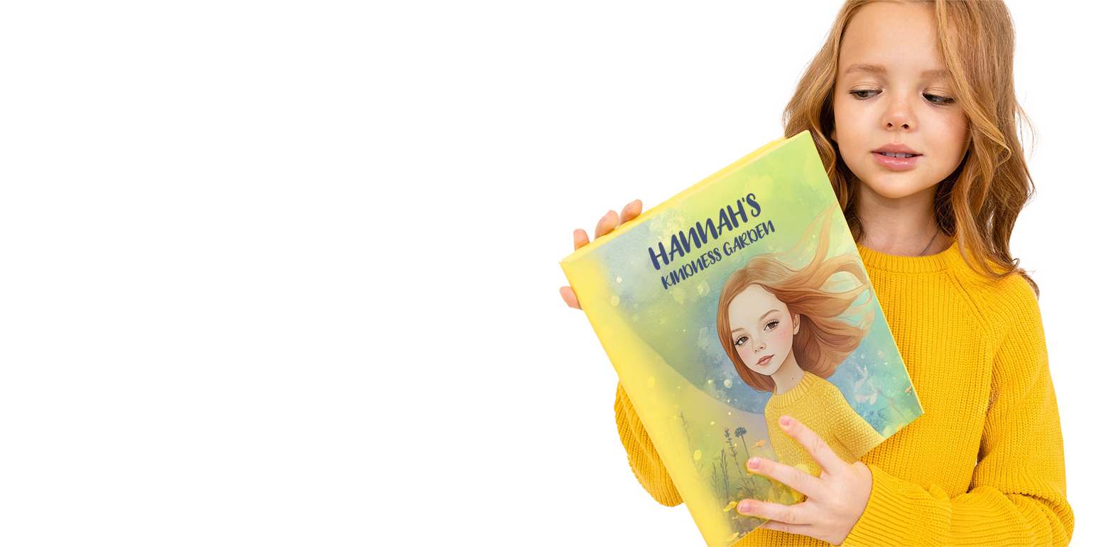 Girl in yellow sweater holding a personalized storybook